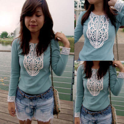 

USA Women Fashion Loose Long Sleeve Lace Tops Blouse Shirt Casual Cotton T-Shirt
