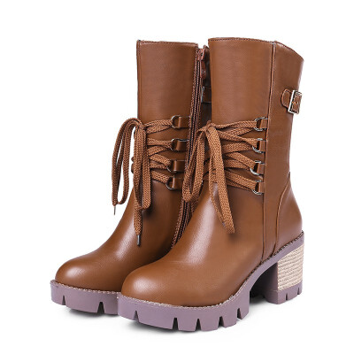

IDIFU Womens Unique Buckle Strap Round Toe Platform Medium Block Heel Side Zipper Mid Calf Boots