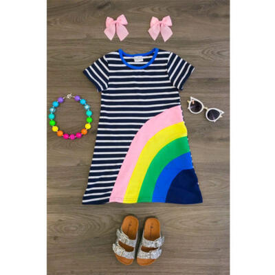 

Infant Newborn Baby Girl Stripe Dress Rainbow Party Wedding Princess Dresses