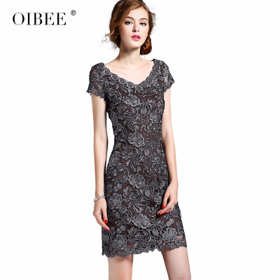 

OIBEE2018 spring new fashion slim bag hip sexy lace embroidered V-neck short-sleeved dress bottom skirt