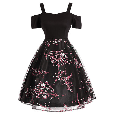 

Vintage Cold Shoulder Mesh Panel Dress