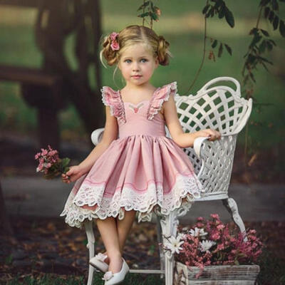 

Adorable Baby Girls Dress Lace Floral Party Dress Solid Ruffles Sleeve Sundress