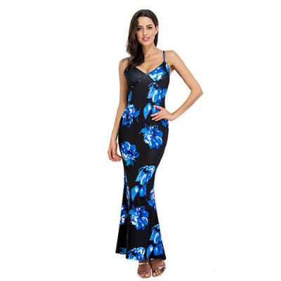 

PREISEI Summer Women Boho Sexy Floral Print Party Dress Plus Size V-Neck Spaghetti Strap Long Maxi Dresses Vestido PR2749