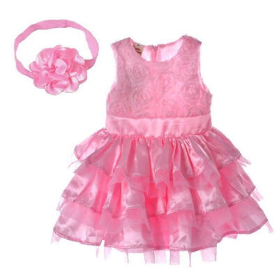 

Rose Pink Silk Flower Baby Girls Party Fancy Dressesheadband Cake Wedding Dress