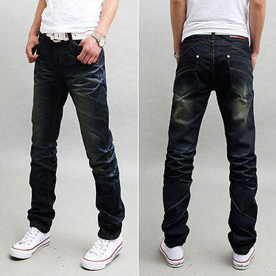 

Mens Fad Mode Dark Blue Crinkly Slim Fit Straight leg Jeans Denim Pants