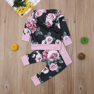 

2Pcs Newborn Baby Boys Girls Floral Hooded Tops Sweatshirt Pants Outfits Clothes