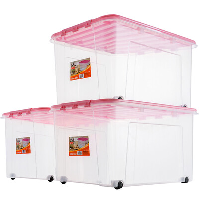 

JEKO&JEKO plastic transparent storage box large 55L 3 Pack storage box clothes storage box toy storage box pulley storage box pink SWB-5212