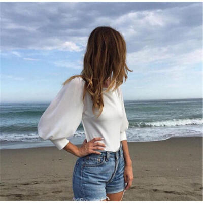 

New Fashion Women Backless Long Sleeves Tops Summer Chiffon Loose Blouse Shirt