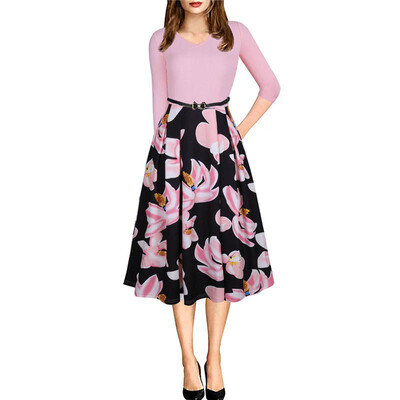 

Women Vintage Flower Print Elegant Ruffle A-Line Business Dress