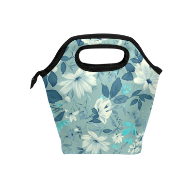 

Lunch Bag White Flower Tote Travel Picnic Insulated Handbags Portable Zipper Lunch Bag Box