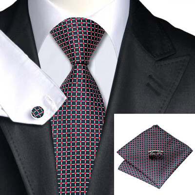 

N-0442 Vogue Men Silk Tie Set Black Plaids & Checks Necktie Handkerchief Cufflinks Set Ties For Men Formal Wedding Business wholesale