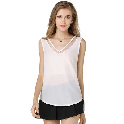 

Womens Sleeveless Chiffon Shirt Pure Color V-neck Net Yarn Splicing Vest Blouse