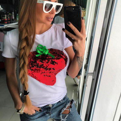 

Summer Womens Sequins Casual Short Sleeve Tops Shirt Loose T-shirt Blouse Beach