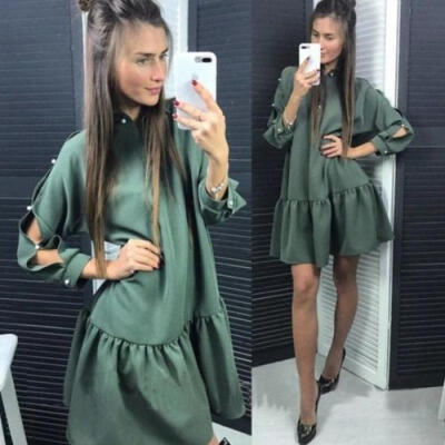 

Womens Casual Long Sleeve Plain Dress Evening Cocktail Party Short Mini Dress