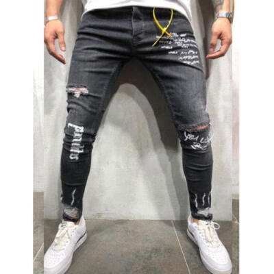 

AU Mens Ripped Skinny Biker Jeans Destroyed Frayed Slim Fit Denim Pant Trousers