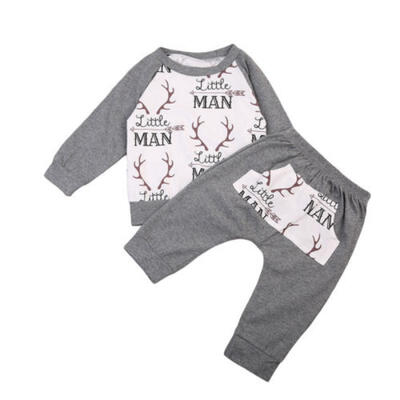 

USA Infant Kids Baby Boys Girls Little Man T-shirt TopPants Outfits Set Clothes