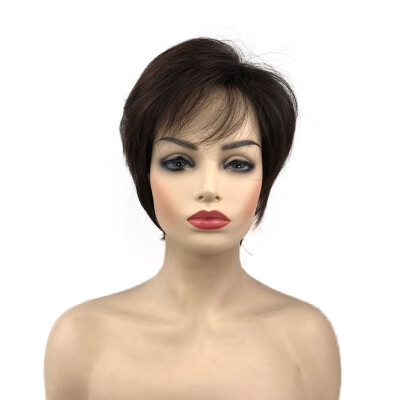 

StrongBeauty Short Brown Dark Straight Wigs Side Part Bangs Natural Looking Synthetic Wigs 6 Inch