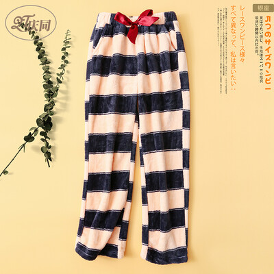 

Qingtong QingTong coral velvet sleep pants women autumn&winter flannel casual thick warm wool plush trousers loose home pants 96721 shrimp stripes M
