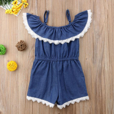 

UK Lace Toddler Kids Baby Girl Denim Off Shoulder Romper Playsuit Outfit Clothes