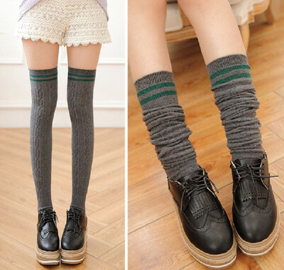 

Women Knit Cotton Over The Knee Long Socks Striped Thigh High Stocking Socks New