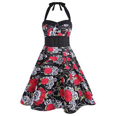 

Vintage Floral Skull Print Backless Dress