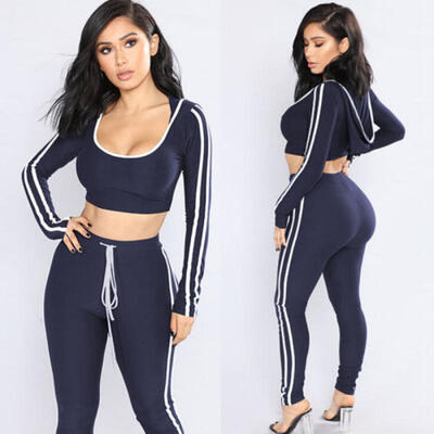 

2PCS Women Hoodies Hooded Crop Tops Sweatshirt Track Pants Sport Suit Tracksuit