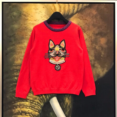 

new 2018 winter dog red cartoon dog embroidery pin bead diamond drill long sleeved sweater