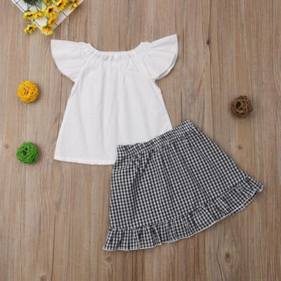 

US Kids Infant Baby Girl Fly Sleeve T-shirt ClothesPlaid Skirt Outfit Set Dress