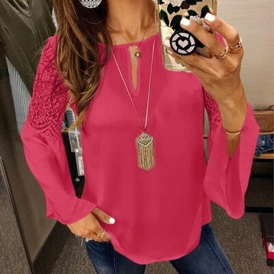 

Autumn Women Flared Sleeve Chiffon Shirt Lace Splice Long Sleeve Casual Tops Cotton Slim Fit Womens Blouse Round Neck Chemise