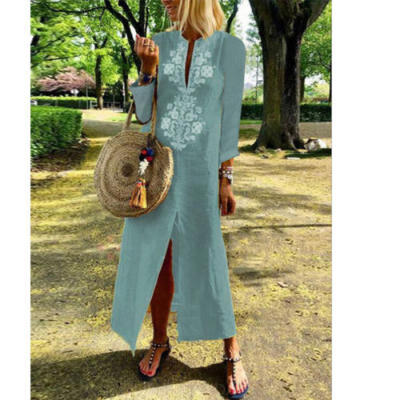 

Women Long Sleeve Boho Cotton Linen Loose Long Maxi Dress Kaftan V Dress Size