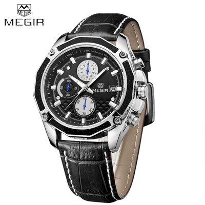 

MEGIR Mens Genuine Leather Strap Sports Quartz Analog Wrist Watch Calendar T7N8