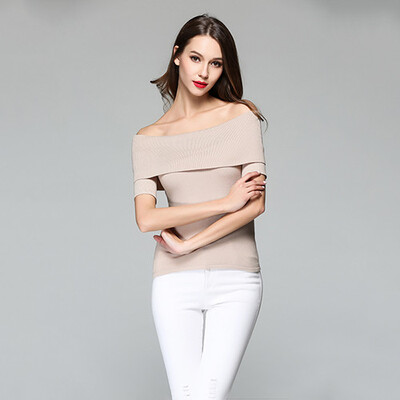 

PREISEI Summer Women Sexy Elegant Slash Neck Knitted Short Sleeve T Shirt Tops