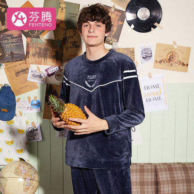 

Fenton coral fleece mens pajamas 2018 autumn&winter new fashion round neck pullover soft jade rabbit cashmere long-sleeved pajamas mens home service M98940811 dark gray XL