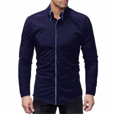 

2018 new best selling mens shirts double-layer collar door edging mens casual slim long-sleeved shirt solid color long-sleeved