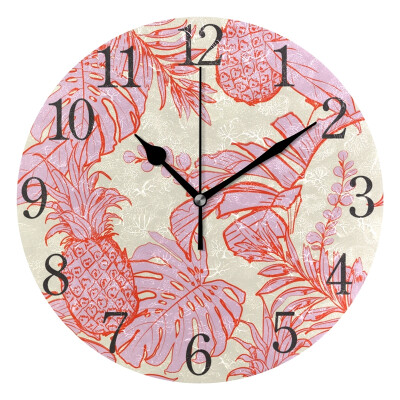 

Wall Clock Arabic Numerals Design Tropical Leaves And Flowers Round