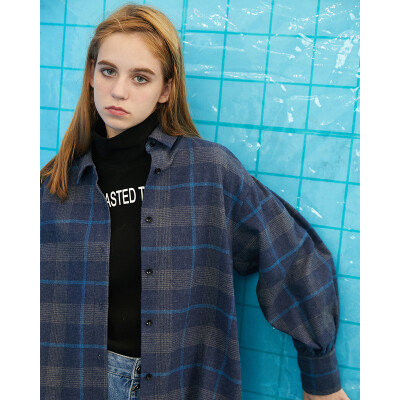 

PASS2018 new autumn outfit chic top Hong Kong long sleeve plaid shirt female loose long shirt student 68302PA12024 blue gray grid