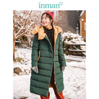 

INMAN 2018 winter new hooded fur collar fresh literary warm long down jacket female 1884121002 dark green