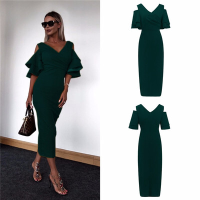 

New Women Dress Summer Vestidos Verano 2018 Celebrity Party Dresses Yellow Red Ruffles Butterfly Short Sleeve Midi Dress