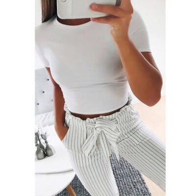 

Women Short Sleeve Crop Top Backless Vest Halter Tank Tops Short Blouse T-Shirt