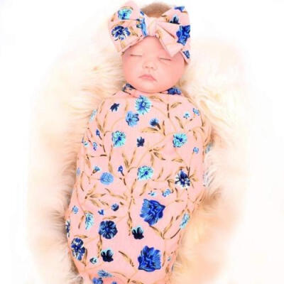 

Newborn Baby Cotton Swaddle Muslin Blanket Infant Sleeping Bag WrapHeadband