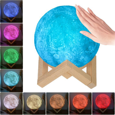 

18cm Diameter ABS 3D LED Moon Light USB Rechargeable 9 RGB Dimmable Colors Luna Lamp Bedside Table Night Light with Wooden Stand
