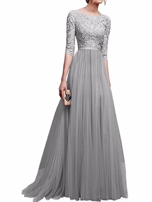 

A-Line Jewel Neck Floor Length Georgette Prom Formal Evening Dress with Appliques long sleeve