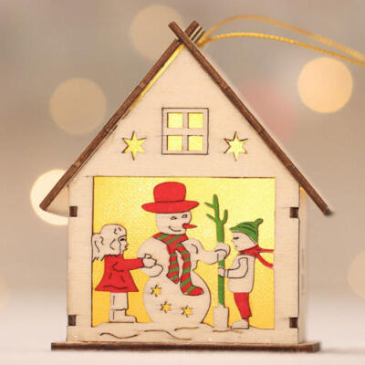 

Christmas Decor LED Lighting Small Wooden House Wall Hanging Xmas Tree Pendants