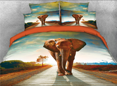 

3D Elephant Waling on Road Printed Cotton 4-Piece Bedding Sets