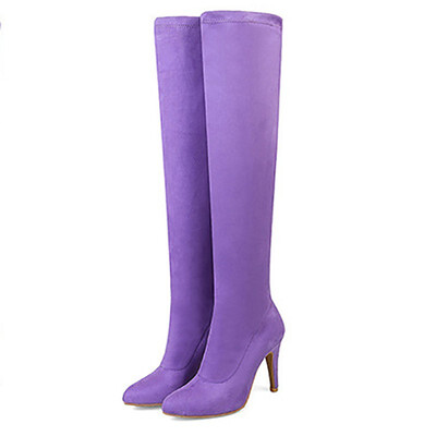

IDIFU Womens Trendy Vivid Color Stiletto High Heel Pointed Toe Faux Suede Pull on Skinny Above the Knee Long Boots