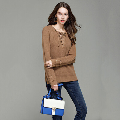 

PREISEI Spring Autumn Fashion Casual Slim Solid Long Sleeve V-Neck Knitted Sweaters Ladies Pullover Women Tops