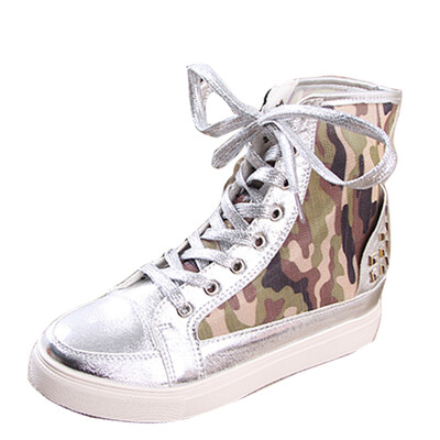 

Women Studded High Sneaker Lace Up Elevator Shoes Rivet Hidden Wedge Heel Boot