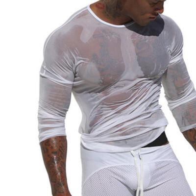 

UK Mens Long Sleeve BlackWhite Mesh Sheer T-shirt Transparent Fishnet Tee Tops