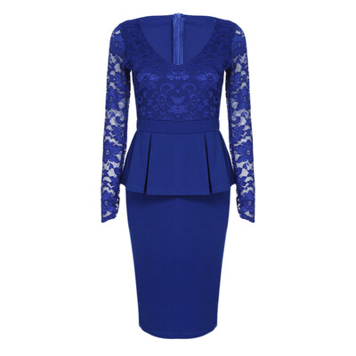 

Sexy V Neck Long Sleeve See-through Lace Spliced Bodycon Women Dress