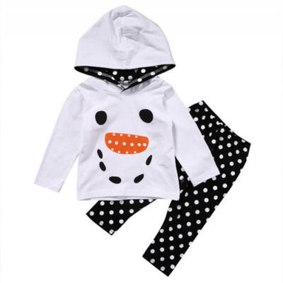 

Christmas Kids Girls Snowman Ruffle Long Sleeve Hooded T-Shirt Dot Pants Outfits